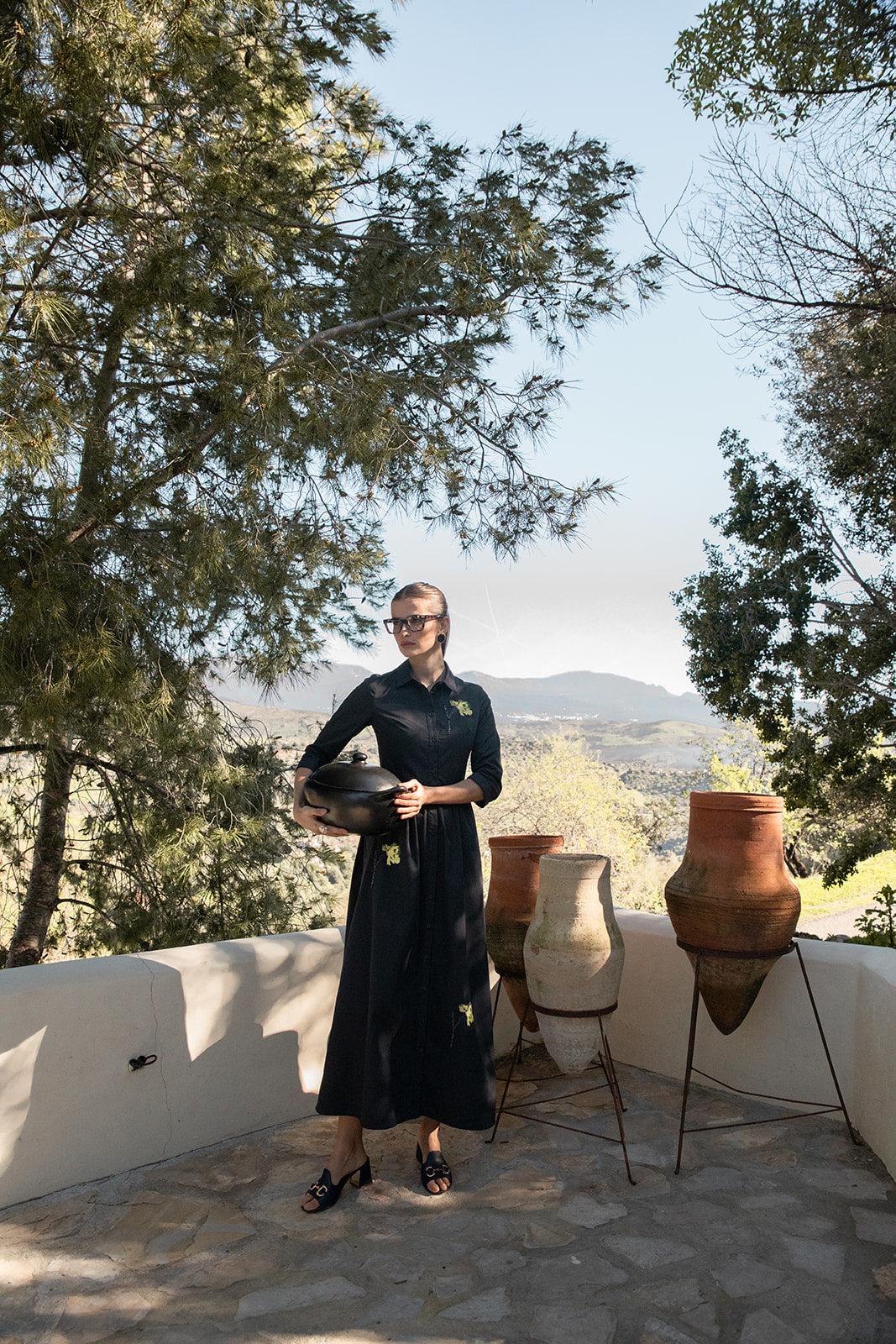 Navy Cotton Dress with Motif Embroidery