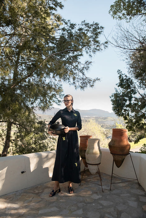 Navy Cotton Dress with Motif Embroidery