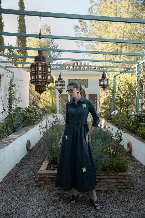 Navy Cotton Dress with Motif Embroidery