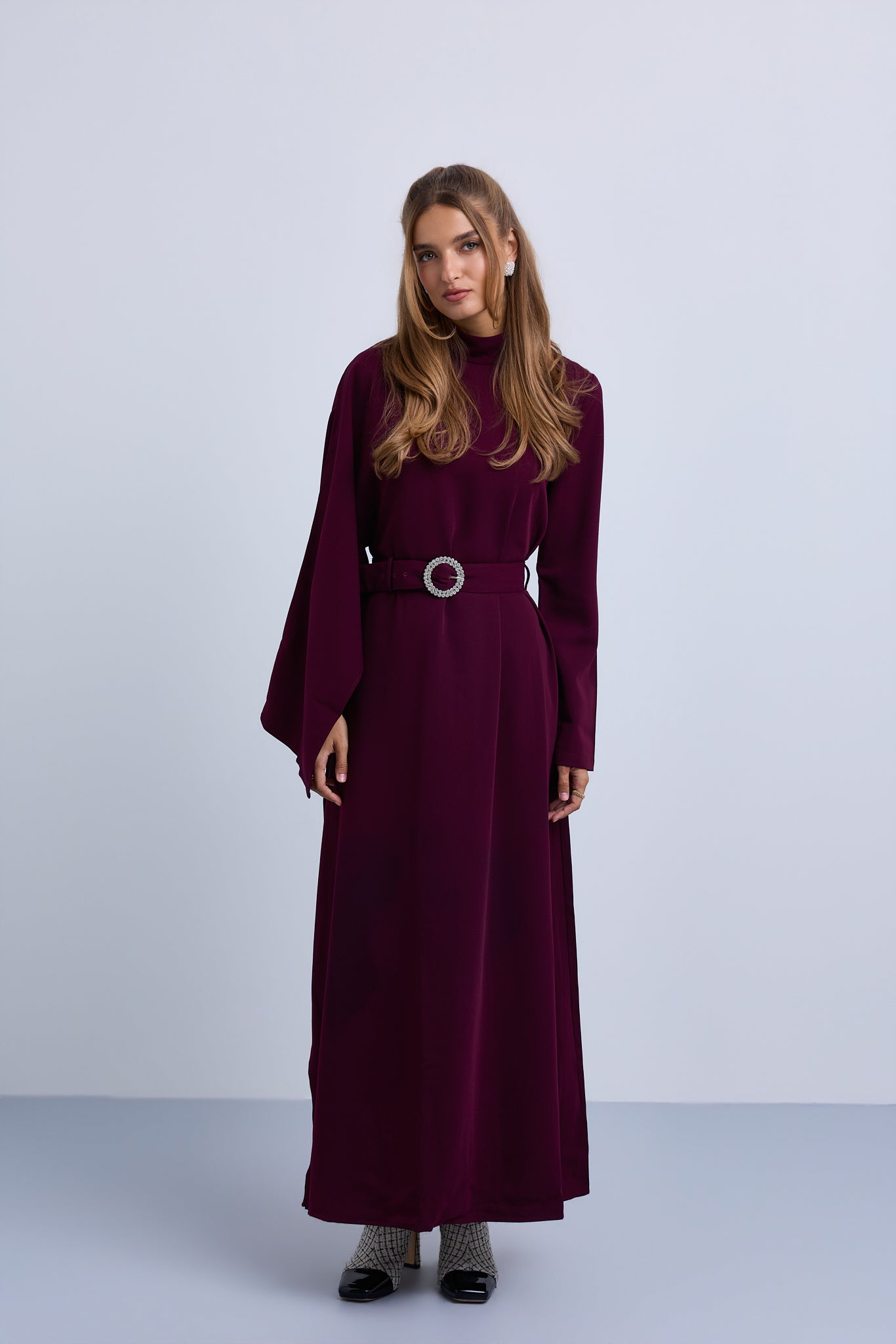 One Sided Drape Cape Crepe Belted Maxi Dress