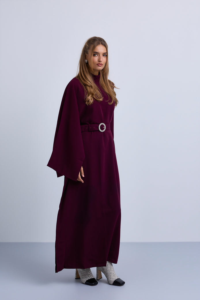 One Sided Drape Cape Crepe Belted Maxi Dress