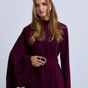 One Sided Drape Cape Crepe Belted Maxi Dress