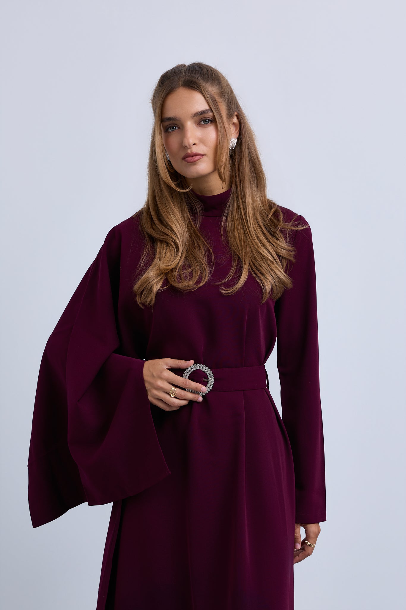 One Sided Drape Cape Crepe Belted Maxi Dress