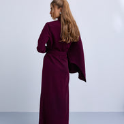 One Sided Drape Cape Crepe Belted Maxi Dress