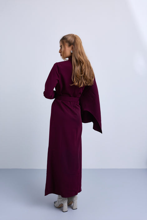 One Sided Drape Cape Crepe Belted Maxi Dress