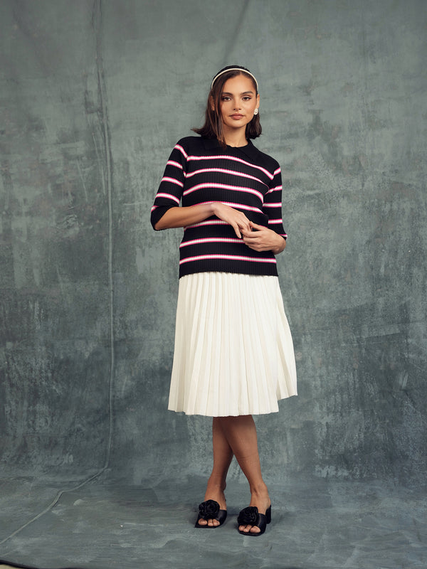 Stripe Ribbed Knit Polo Top
