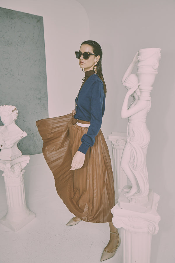 Faux Leather Pleated Maxi Skirt with Knit Elasticated Waistband