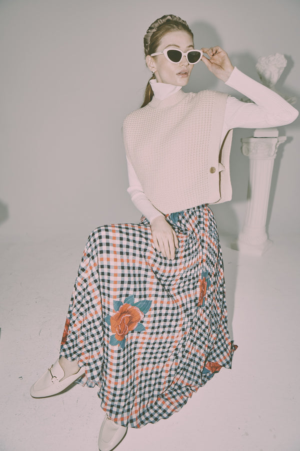 Gingham Print Pleat Maxi Skirt