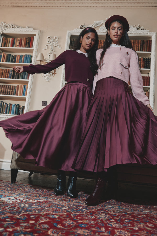 Sewn Down Knife Pleat Maxi Satin Skirt