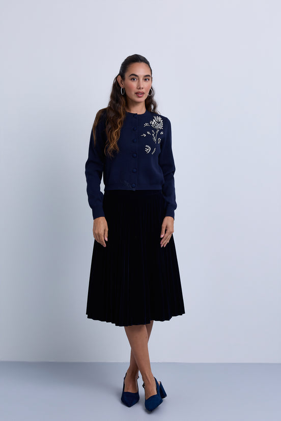 Velvet Pleated Knee Length Skirt