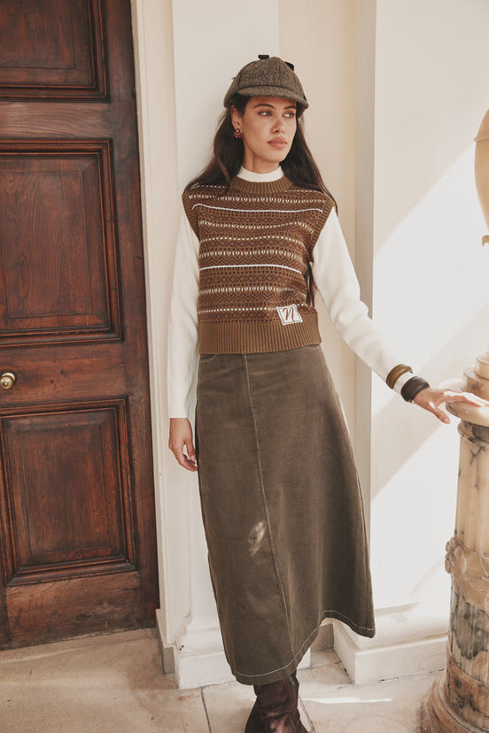 Front Overlap Corduroy Midi Skirt