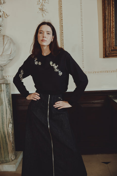 Cropped Style Knit with Floral Stone Designs