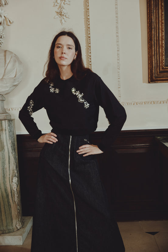 Cropped Style Knit with Floral Stone Designs