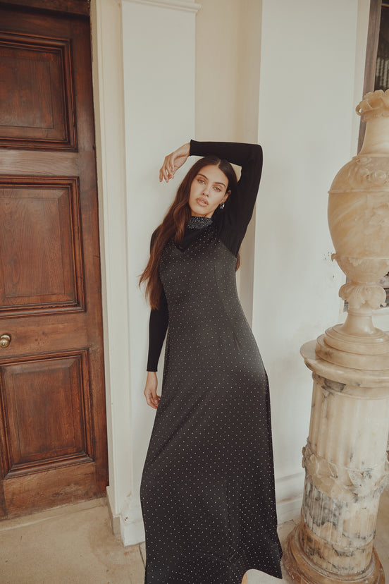 Sleeveless Rhinestone Maxi Dress with V-Neck Cut