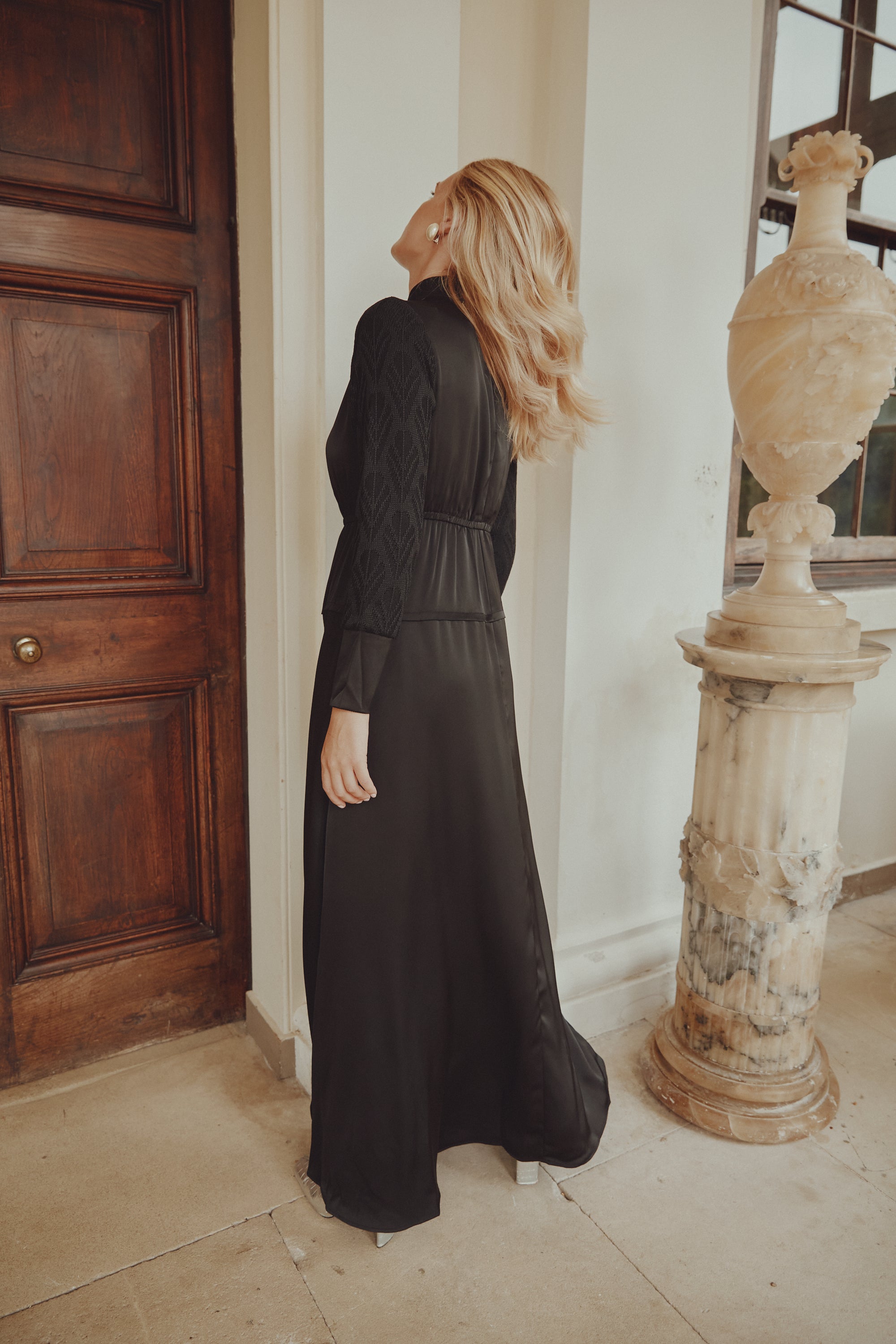 Satin Dress Lace Knit Sleeve Dress