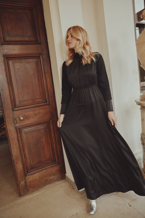 Satin Dress Lace Knit Sleeve Dress