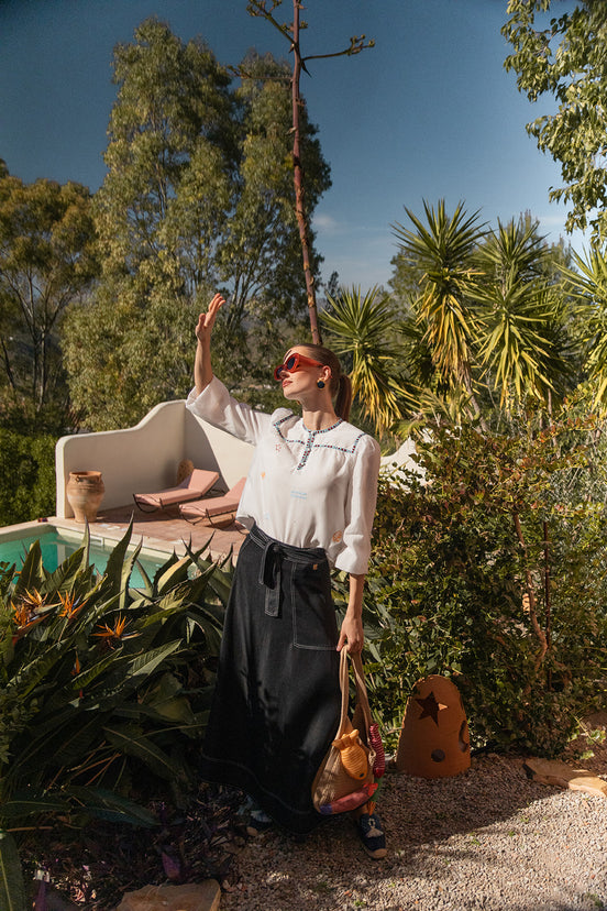 Aline Top Stitched Maxi Skirt with Tie Belt