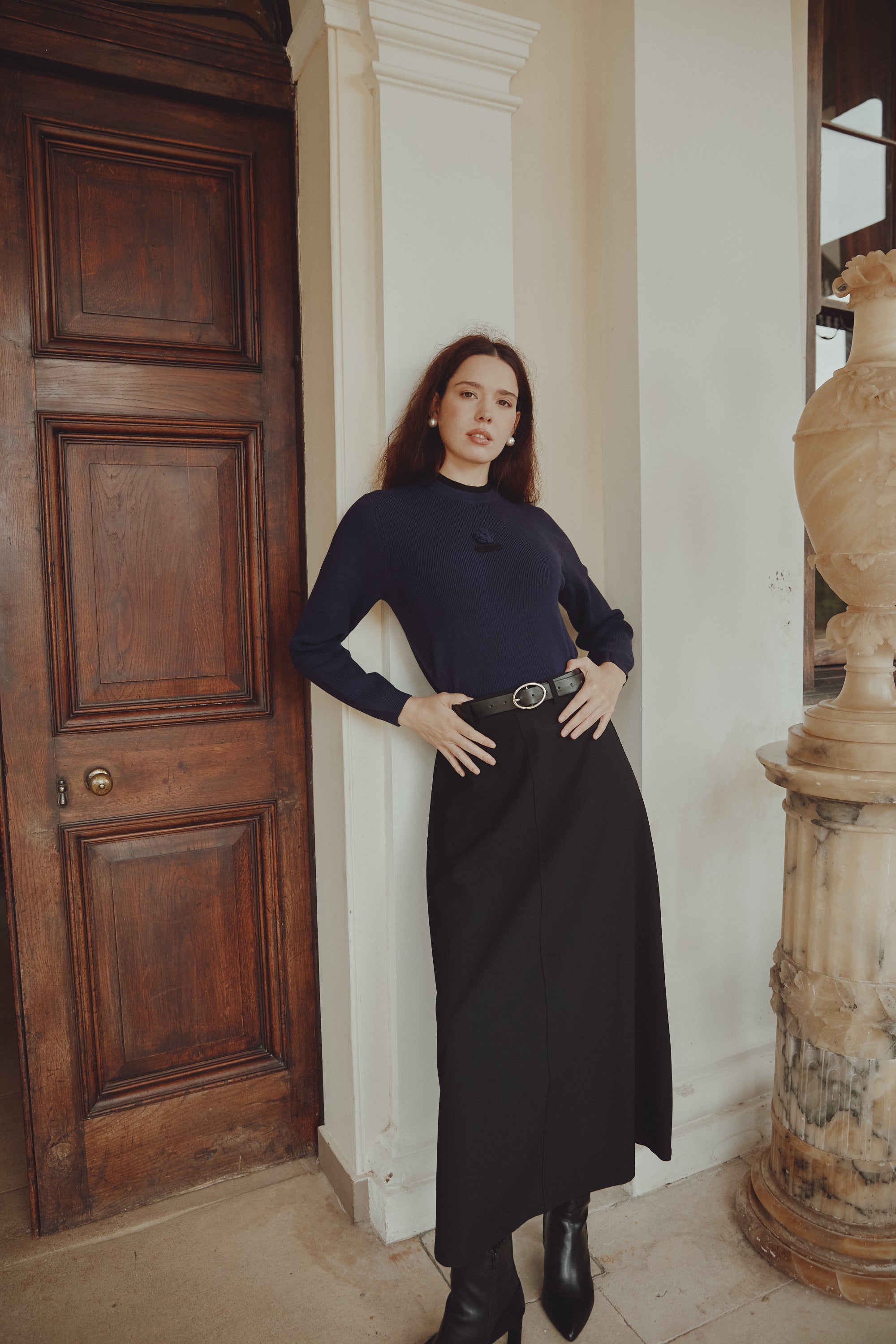 Belted Stretch Knit Maxi Skirt