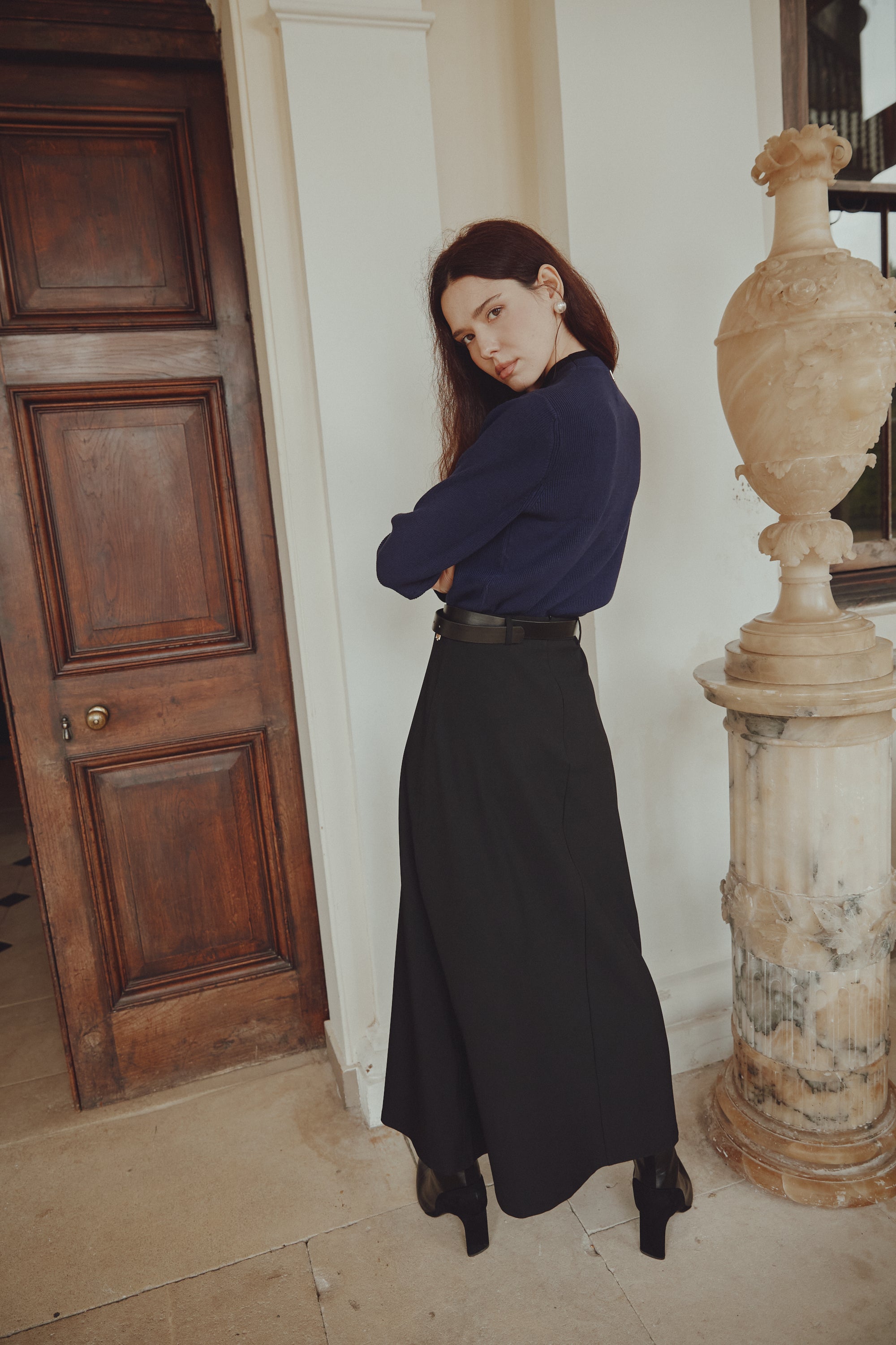 Belted Stretch Knit Maxi Skirt