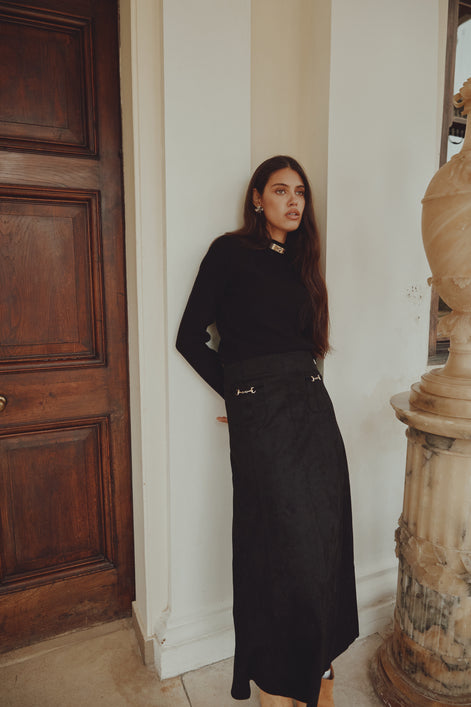 Suede Skirt with Horse Shoe Pocket Buckles