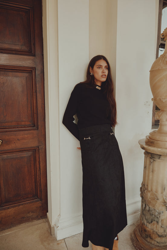 Suede Skirt with Horse Shoe Pocket Buckles