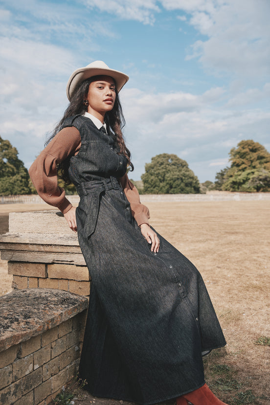 Epaulette Sleeveless Belted Denim Dress