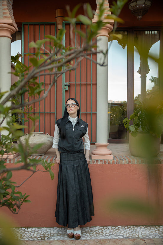 Wide Knife Pleat Skirt with Stitched Pleat Fold