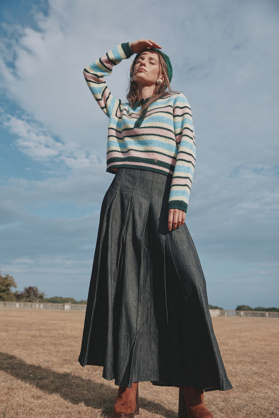 Wide Stitched Knife Pleat Wool Look Midi Skirt