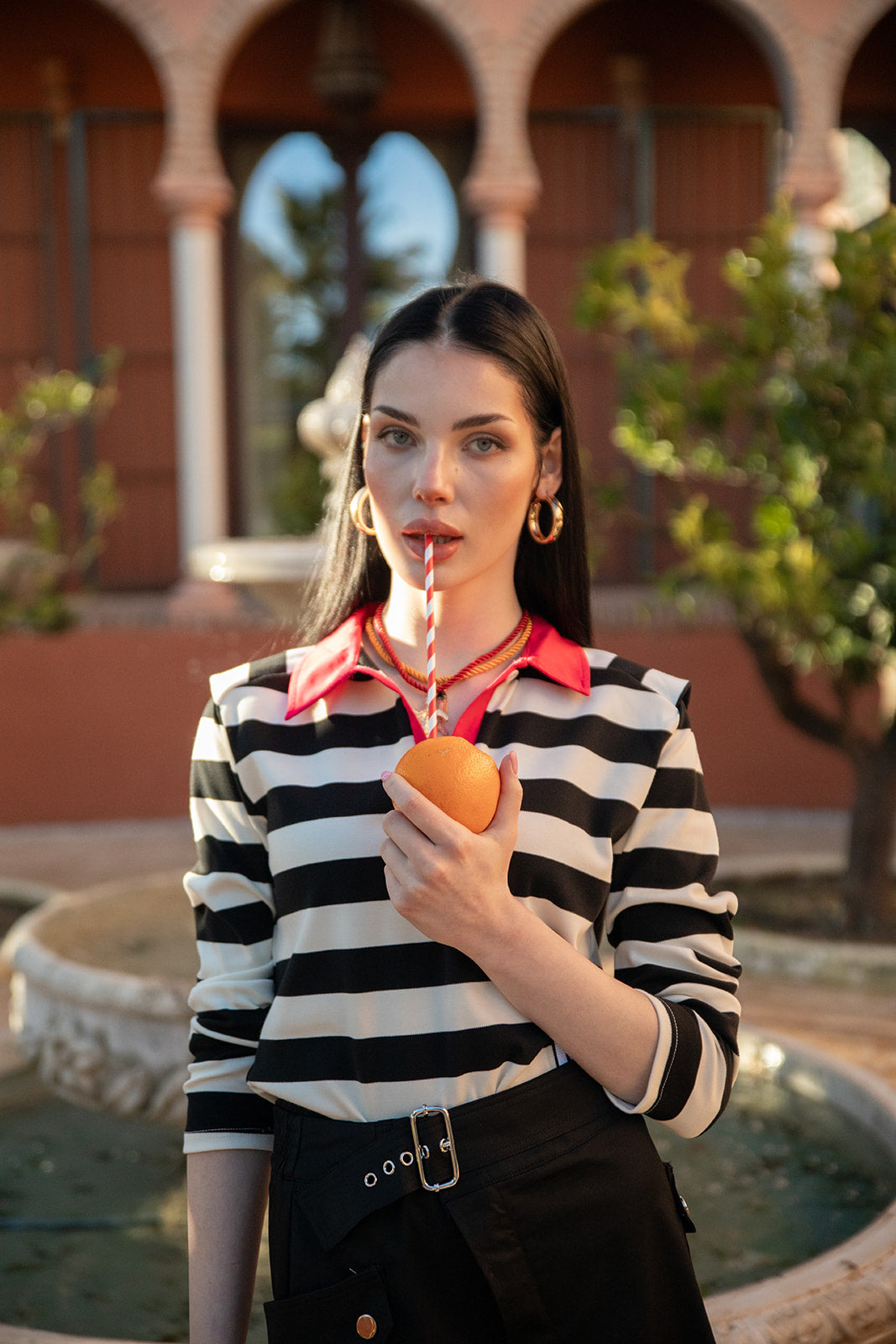 Stripe Polo Shirt with Padded Shoulders