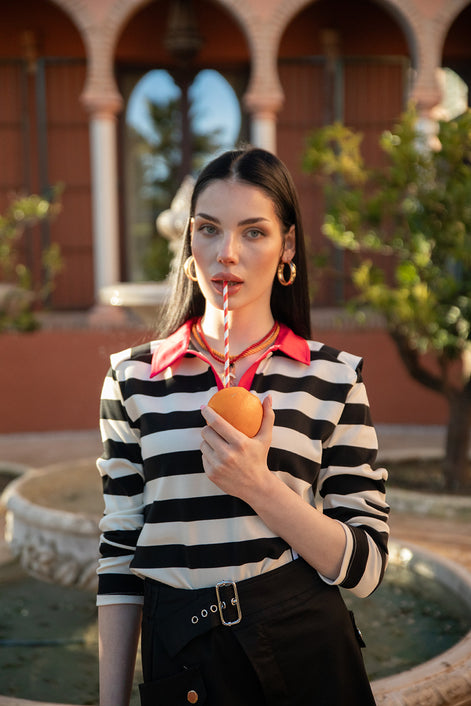 Stripe Polo Shirt with Padded Shoulders