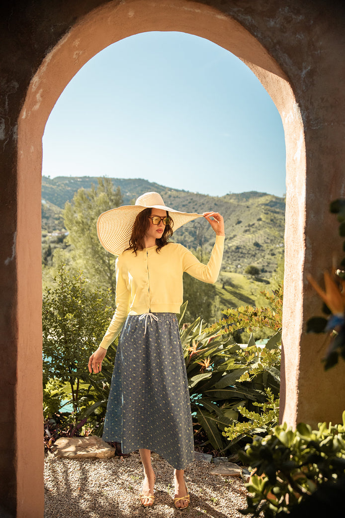 Round Neck Button Front Cardigan with Gingham Hidden Placket