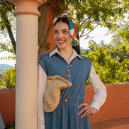 Denim Sleeveless Dress with Elasticated Waist and Printed Pattern Shoulders