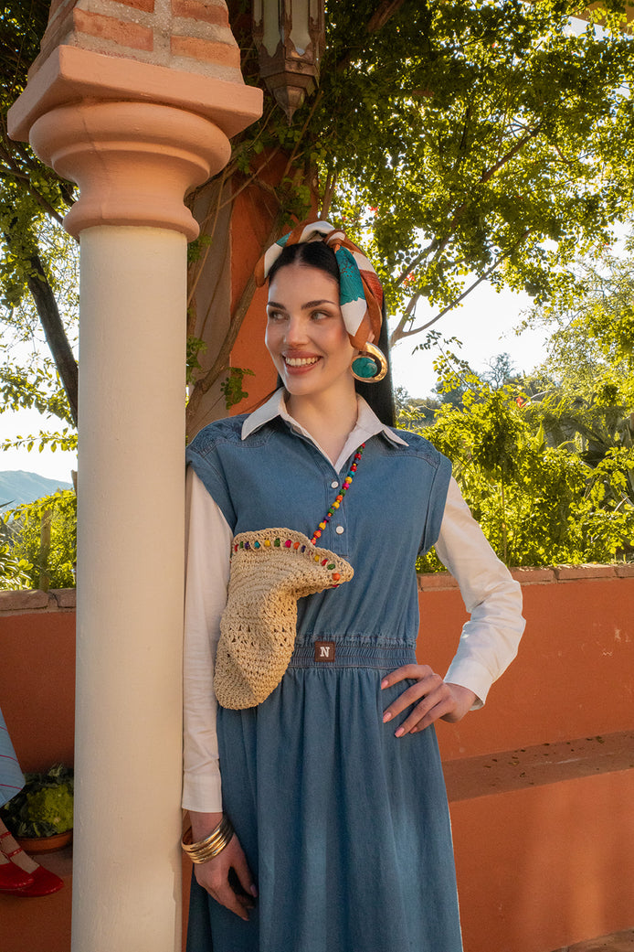 Denim Sleeveless Dress with Elasticated Waist and Printed Pattern Shoulders