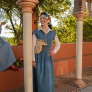 Denim Sleeveless Dress with Elasticated Waist and Printed Pattern Shoulders