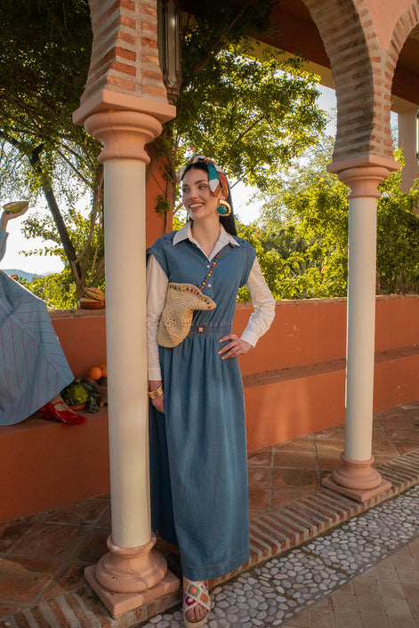 Denim Sleeveless Dress with Elasticated Waist and Printed Pattern Shoulders