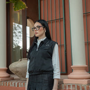 Denim and Taffeta Jacket with Open Zipped Armholes