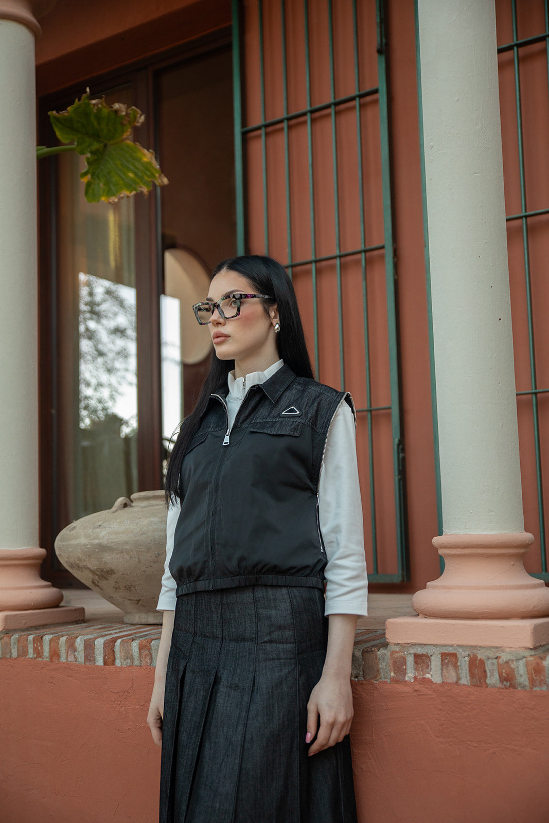Denim and Taffeta Jacket with Open Zipped Armholes