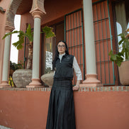 Denim and Taffeta Jacket with Open Zipped Armholes