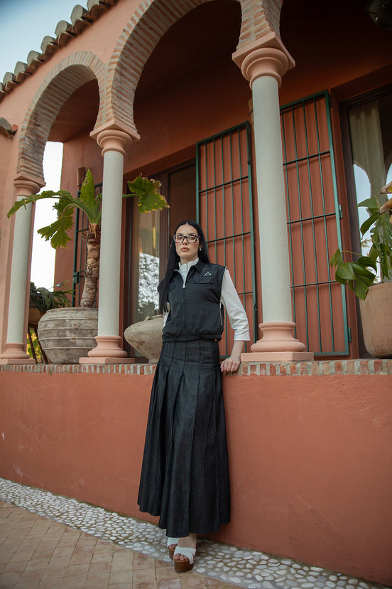 Denim and Taffeta Jacket with Open Zipped Armholes