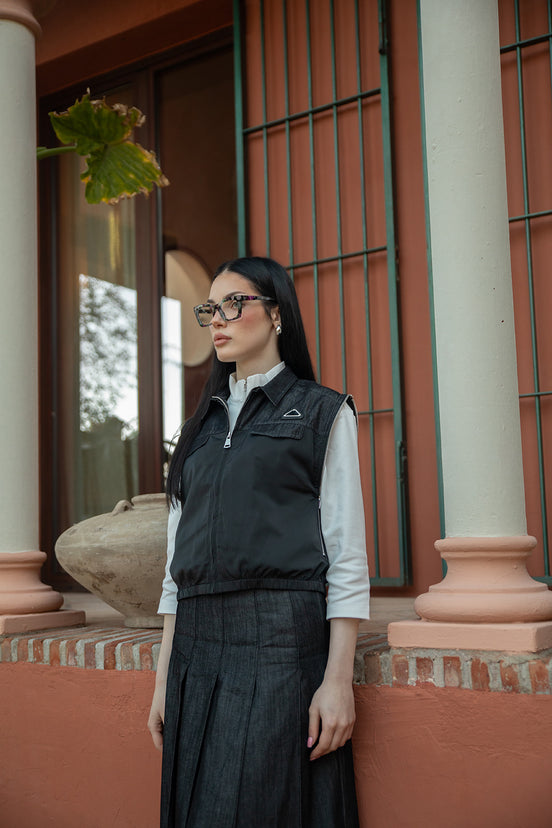 Denim and Taffeta Jacket with Open Zipped Armholes