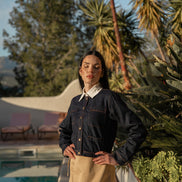 Boxy Fit Denim Jacket with Gathered Taffeta Back