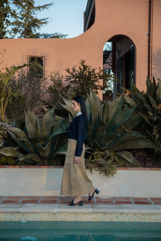 Boxy Fit Denim Jacket with Gathered Taffeta Back