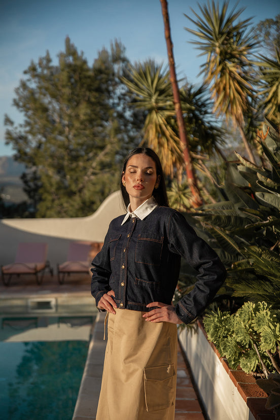 Boxy Fit Denim Jacket with Gathered Taffeta Back