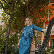 Collarless Denim Shirt with Flower Printing