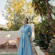 Striped Shirt Dress with Corded Belt and Ribbed Collar