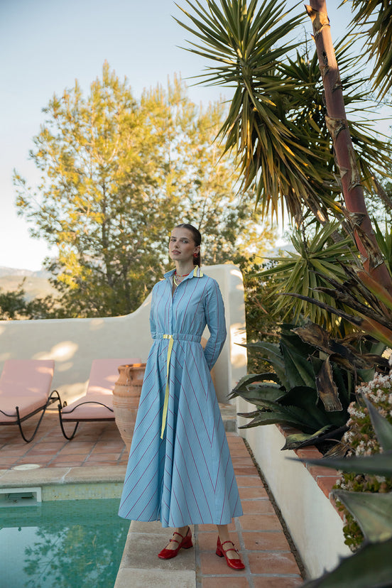 Striped Shirt Dress with Corded Belt and Ribbed Collar