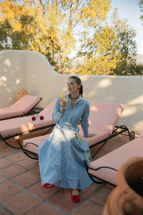 Striped Shirt Dress with Corded Belt and Ribbed Collar