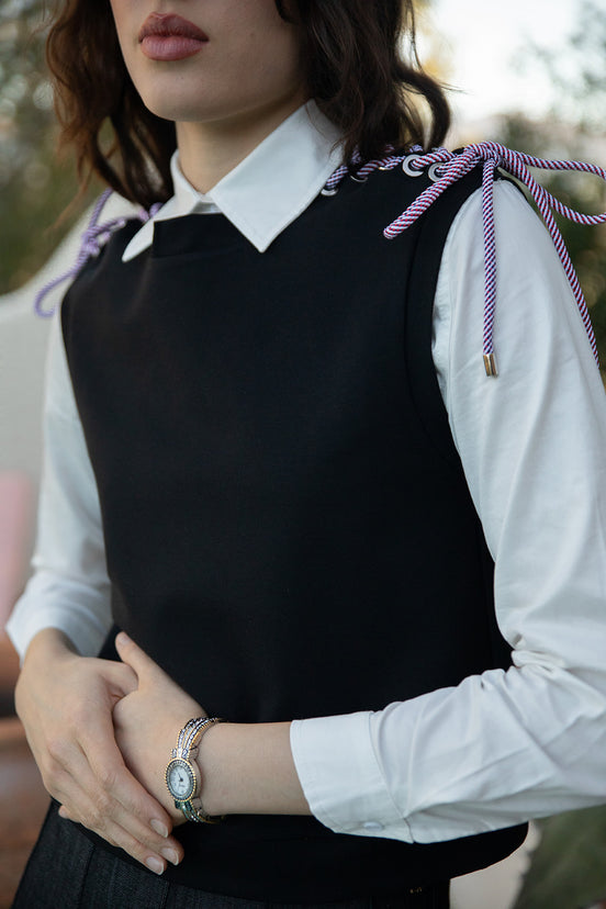 Sleeveless Top with Rope Tied  Shoulders