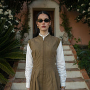 Top Stitch Seamed Waist Dress with Ribbed Neckline and Armholes