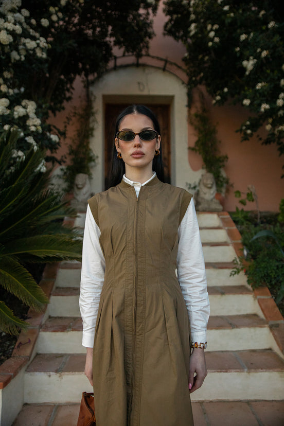 Top Stitch Seamed Waist Dress with Ribbed Neckline and Armholes